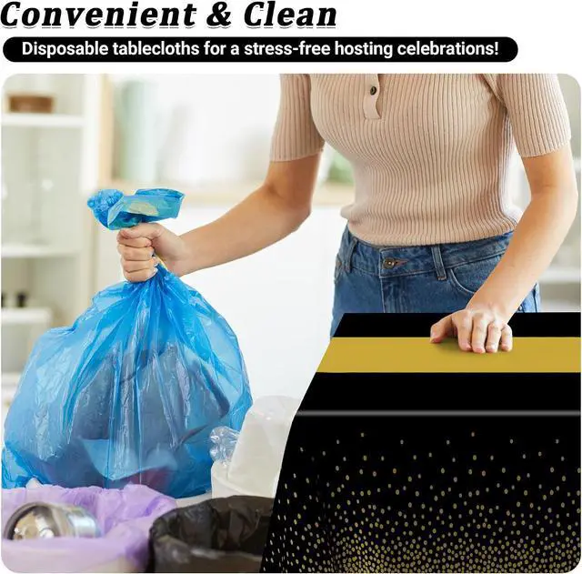 Alt view image 5 of 7 - 4Pack Black and Gold Tablecloths for Events, 54" x 108" Plastic Table Cloth Disposable for Rectangle Tables, Waterproof Table Cloth Cover for New Years Eve Decorations Holiday Birthday Wedding Dining