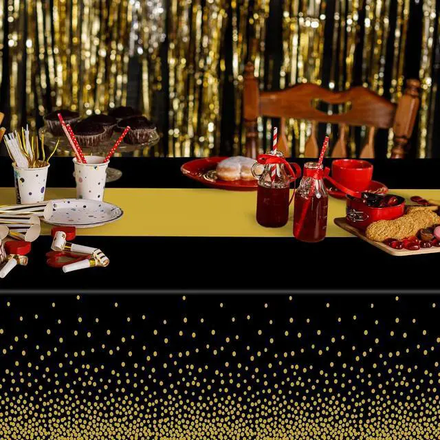 Alt view image 6 of 7 - 4Pack Black and Gold Tablecloths for Events, 54" x 108" Plastic Table Cloth Disposable for Rectangle Tables, Waterproof Table Cloth Cover for New Years Eve Decorations Holiday Birthday Wedding Dining
