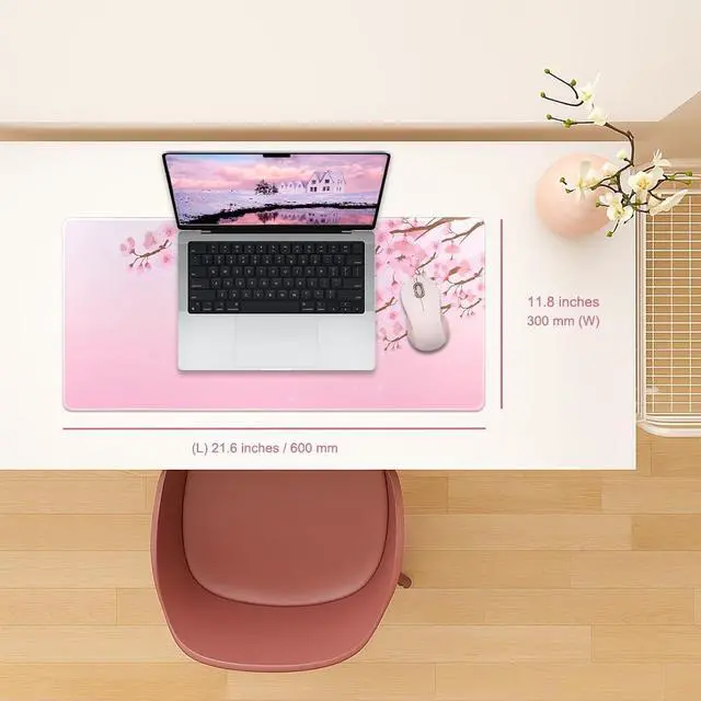 Alt view image 3 of 7 - Large Desk Keyboard Mouse Pads Mats 11.8 x 23.6 Inches | Non-Slip, 3mm Thickness, Stitched Edge, Washable, Resilient, for Office Accessories (Pink Sakura)