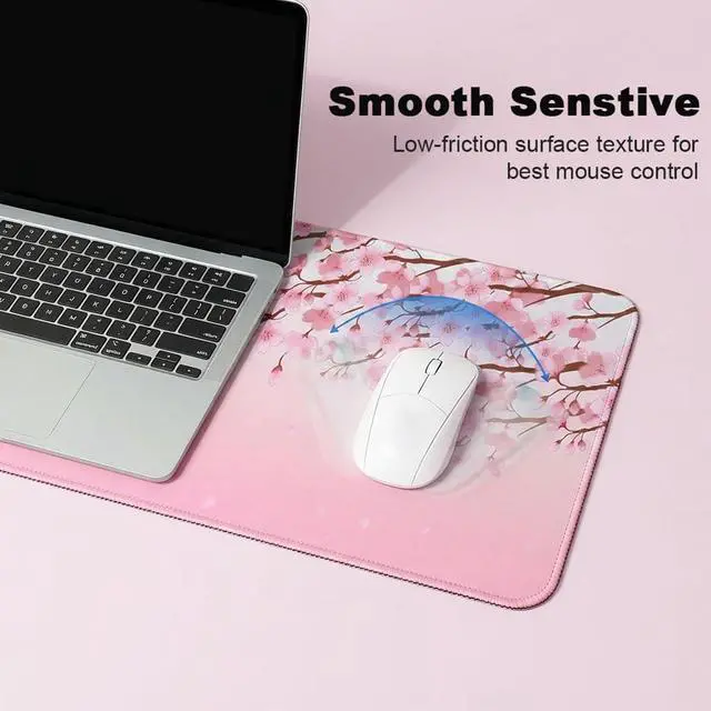 Alt view image 4 of 7 - Large Desk Keyboard Mouse Pads Mats 11.8 x 23.6 Inches | Non-Slip, 3mm Thickness, Stitched Edge, Washable, Resilient, for Office Accessories (Pink Sakura)