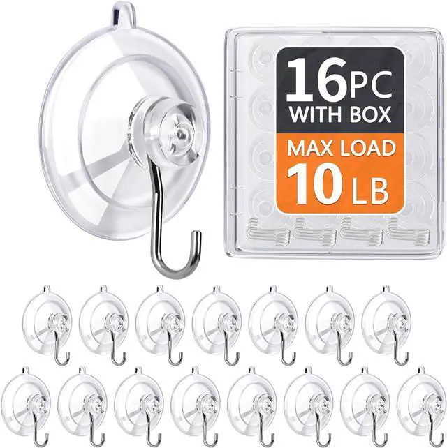 Main image of KORCCI Suction Cup Hooks 16Pack - Max Load 10LB, 1.77Inch Clear Medium Suction Cups, No Trace, Reusable & Removable, Stainless Steel Hooks, for Tile, Glass, Window, Shower, Kitchen, Bathroom