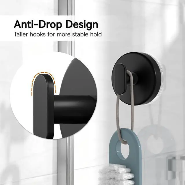 Alt view image 5 of 6 - Suction Cup Hooks for Shower, Removable Towel Hooks for Bathroom, Kitchen, Glass Door, Mirror, Tile Loofah, Towel, Coat, Bath Robe Hook for Hanging, Black 6 Pack