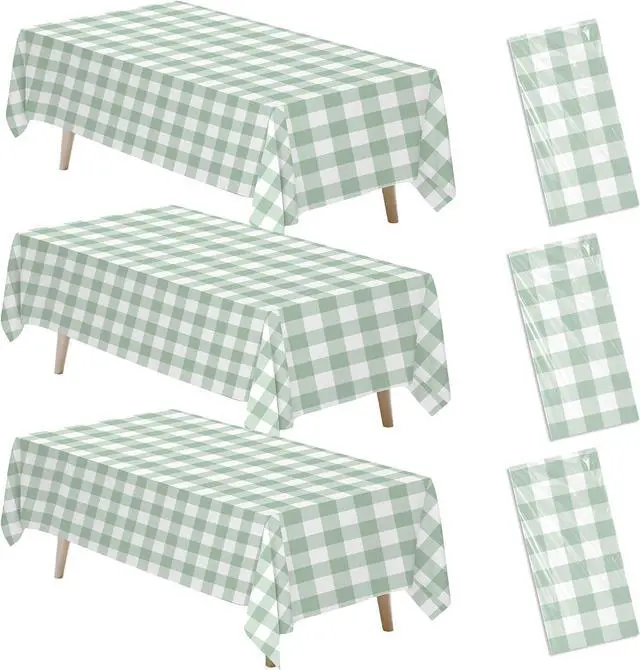 Main image of Sage Green Gingham Party Tablecloth Decorations, 3 Pack, 55 x 86in | Green Checkered Disposable Plaid Party Supplies Tablecover, for Birthday Baby Shower Bridal Wedding