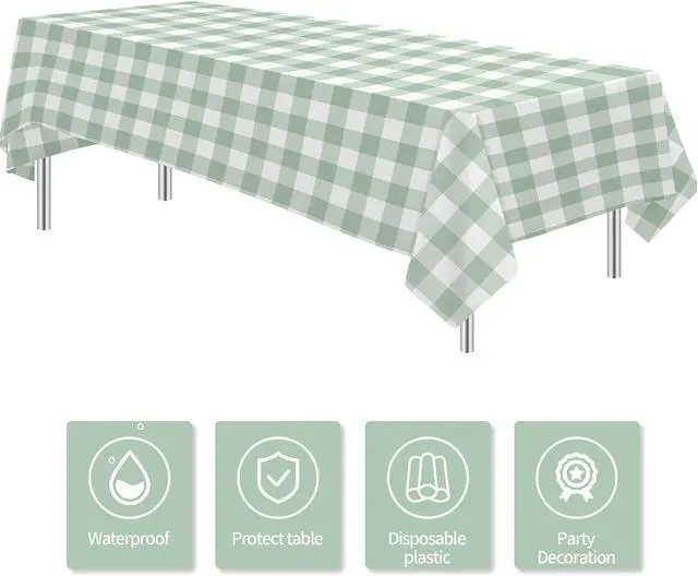 Alt view image 2 of 7 - Sage Green Gingham Party Tablecloth Decorations, 3 Pack, 55 x 86in | Green Checkered Disposable Plaid Party Supplies Tablecover, for Birthday Baby Shower Bridal Wedding