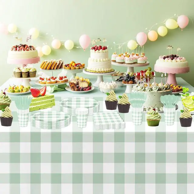 Alt view image 6 of 7 - Sage Green Gingham Party Tablecloth Decorations, 3 Pack, 55 x 86in | Green Checkered Disposable Plaid Party Supplies Tablecover, for Birthday Baby Shower Bridal Wedding