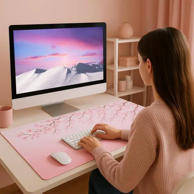 Alt view image 7 of 7 - Large Desk Keyboard Mouse Pads Mats 11.8 x 23.6 Inches | Non-Slip, 3mm Thickness, Stitched Edge, Washable, Resilient, for Office Accessories (Pink Sakura)