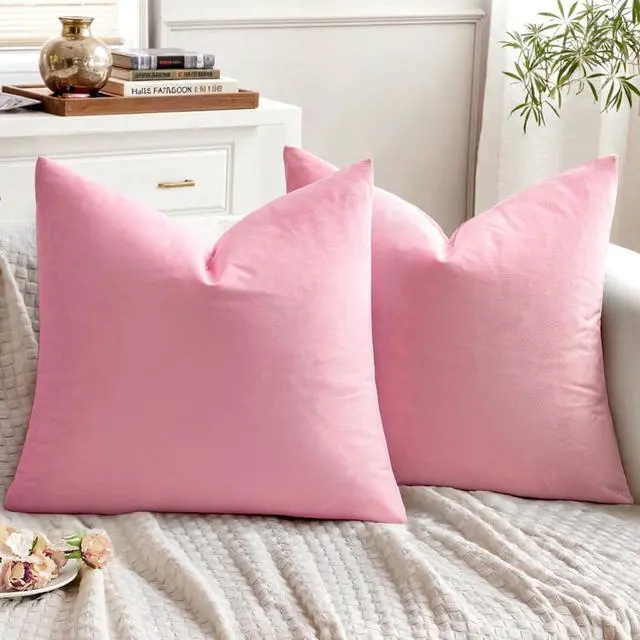 Main image of EMEMA Pack of 2 Velvet Throw Pillow Covers Decorative Square Pillowcase Soft Solid Cushion Case for Sofa Bedroom Chair Car 18x18 Inch Bright Pink
