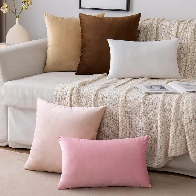 Alt view image 5 of 6 - EMEMA Pack of 2 Velvet Throw Pillow Covers Decorative Square Pillowcase Soft Solid Cushion Case for Sofa Bedroom Chair Car 18x18 Inch Bright Pink