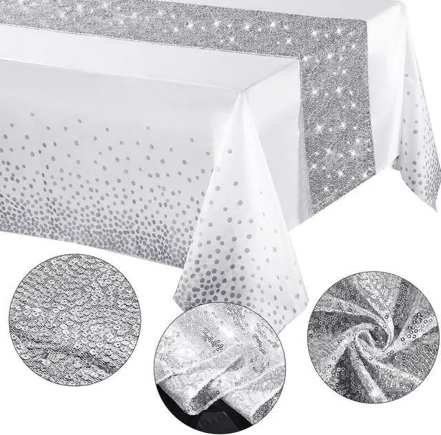 Alt view image 3 of 7 - Irenare 2 Pcs Black Rose Gold Tablecloth Sequin Runner, Polka Dots Party | Sequin Runner with Confetti Dots Plastic Cover, Disposable for Birthday Wedding Anniversary Celebrations Dining Decor