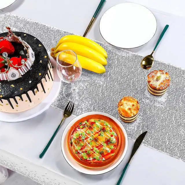 Alt view image 4 of 7 - Irenare 2 Pcs Black Rose Gold Tablecloth Sequin Runner, Polka Dots Party | Sequin Runner with Confetti Dots Plastic Cover, Disposable for Birthday Wedding Anniversary Celebrations Dining Decor
