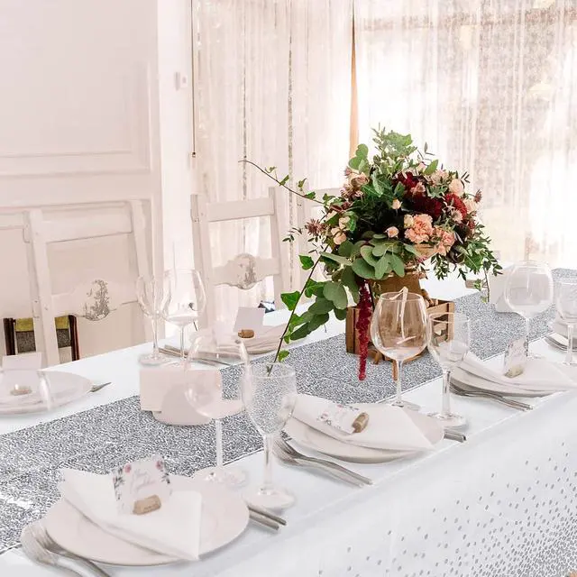 Alt view image 7 of 7 - Irenare 2 Pcs Black Rose Gold Tablecloth Sequin Runner, Polka Dots Party | Sequin Runner with Confetti Dots Plastic Cover, Disposable for Birthday Wedding Anniversary Celebrations Dining Decor