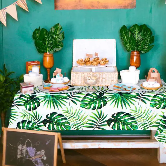 Alt view image 5 of 6 - Remagr 3 Pcs Hawaiian Luau Party Tablecloth Tropical Palm Leaves Table Covers 54 x 108 Inch Plastic Disposable Table Decorations for Summer Beach Cocktail Aloha Safari Jungle Party Supplies