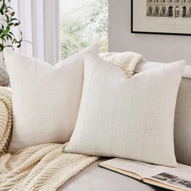 Main image of ZeeMart Linen Checked Throw Pillow Covers Set of 2, 18x18 Inch Ivory/Cream, Farmhouse Decorative Single Sided Grid Embroidered Couch Pillow Cases Off White Cotton Linen Cushion Covers
