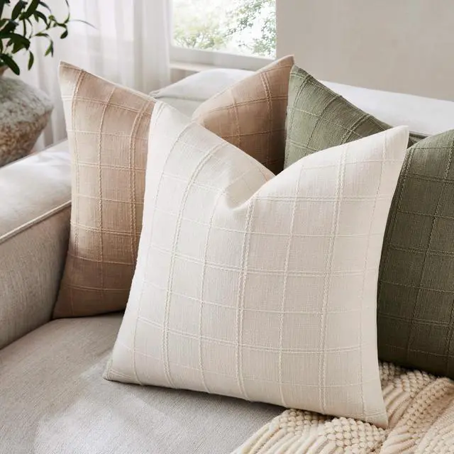Alt view image 2 of 7 - ZeeMart Linen Checked Throw Pillow Covers Set of 2, 18x18 Inch Ivory/Cream, Farmhouse Decorative Single Sided Grid Embroidered Couch Pillow Cases Off White Cotton Linen Cushion Covers