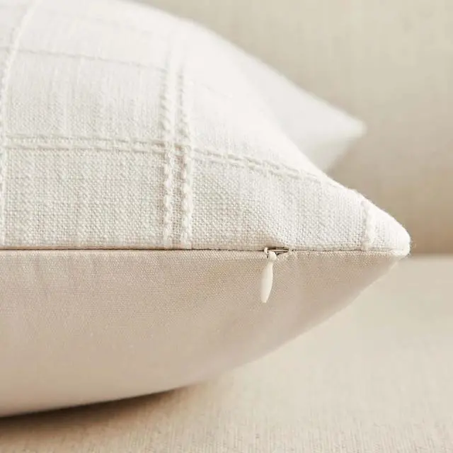 Alt view image 4 of 7 - ZeeMart Linen Checked Throw Pillow Covers Set of 2, 18x18 Inch Ivory/Cream, Farmhouse Decorative Single Sided Grid Embroidered Couch Pillow Cases Off White Cotton Linen Cushion Covers