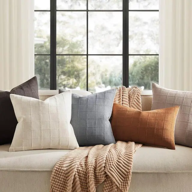 Alt view image 7 of 7 - ZeeMart Linen Checked Throw Pillow Covers Set of 2, 18x18 Inch Ivory/Cream, Farmhouse Decorative Single Sided Grid Embroidered Couch Pillow Cases Off White Cotton Linen Cushion Covers