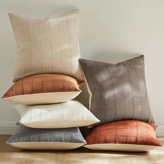 Alt view image 6 of 7 - ZeeMart Linen Checked Throw Pillow Covers Set of 2, 18x18 Inch Ivory/Cream, Farmhouse Decorative Single Sided Grid Embroidered Couch Pillow Cases Off White Cotton Linen Cushion Covers