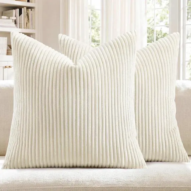 Main image of Softalker Striped Corduroy Pillow Covers 18x18 Inch, Set of 2, Cream | Soft striped corduroy pillow covers with boho farmhouse style for sofa, couch, bed and living room decor
