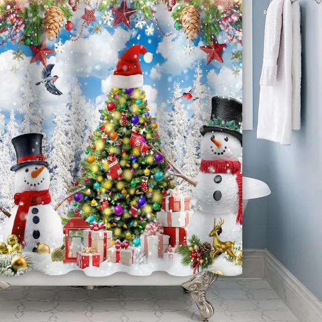 Alt view image 2 of 7 - Winter Shower Curtains for Bathroom Cute Snowmans Snow Pine Trees Funny Winter Forest Xmas Holiday Fabric Bathroom Decor Set with 12 Hooks 72x72
