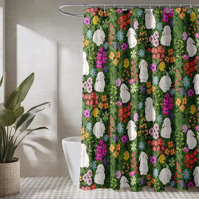 Alt view image 5 of 7 - Kids Shower Curtain for Bathroom with Fun Floral Butterflies Cute Bunnies Spring Flowers on Dark Green Fabric | Fun Floral Bunny Design for Kids | Waterproof Washable Fabric Shower Curtain or Liner