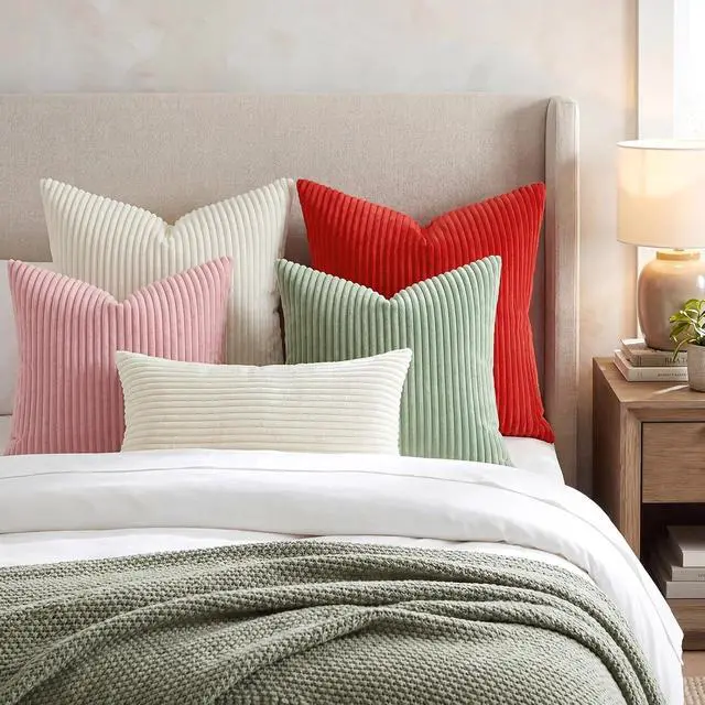 Alt view image 7 of 7 - Softalker Striped Corduroy Pillow Covers 18x18 Inch, Set of 2, Cream | Soft striped corduroy pillow covers with boho farmhouse style for sofa, couch, bed and living room decor