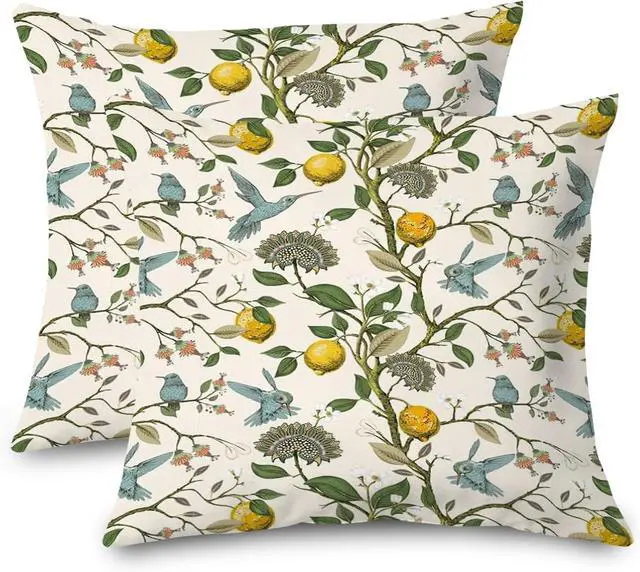 Main image of Chinoiserie Pillow Cover, Hummingbird Lemon Pillow Covers 18x18 Set of 2, Grandmillennial Pillow Cover, Lemon Outdoor Pillows Cover, Gifts for Hummingbird Lovers