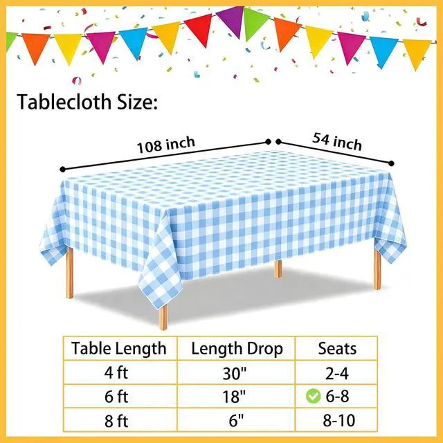 Alt view image 2 of 7 - 2 Pcs Blue and White Checkered Tablecloth, Blue Plastic Table Cloths for Parties Disposable, 54 x 108 inch Waterproof Rectangular Blue Gingham Camping Tablecloth for Birthday,Picnic, Party, Camping