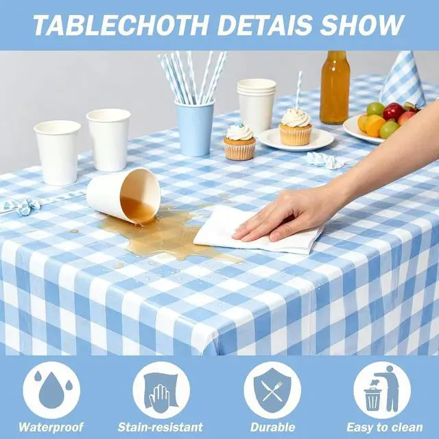 Alt view image 3 of 7 - 2 Pcs Blue and White Checkered Tablecloth, Blue Plastic Table Cloths for Parties Disposable, 54 x 108 inch Waterproof Rectangular Blue Gingham Camping Tablecloth for Birthday,Picnic, Party, Camping