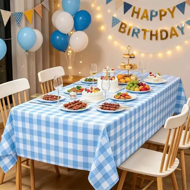Alt view image 4 of 7 - 2 Pcs Blue and White Checkered Tablecloth, Blue Plastic Table Cloths for Parties Disposable, 54 x 108 inch Waterproof Rectangular Blue Gingham Camping Tablecloth for Birthday,Picnic, Party, Camping