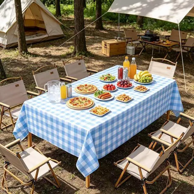 Alt view image 6 of 7 - 2 Pcs Blue and White Checkered Tablecloth, Blue Plastic Table Cloths for Parties Disposable, 54 x 108 inch Waterproof Rectangular Blue Gingham Camping Tablecloth for Birthday,Picnic, Party, Camping