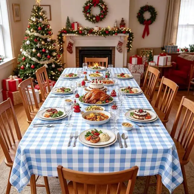 Alt view image 7 of 7 - 2 Pcs Blue and White Checkered Tablecloth, Blue Plastic Table Cloths for Parties Disposable, 54 x 108 inch Waterproof Rectangular Blue Gingham Camping Tablecloth for Birthday,Picnic, Party, Camping