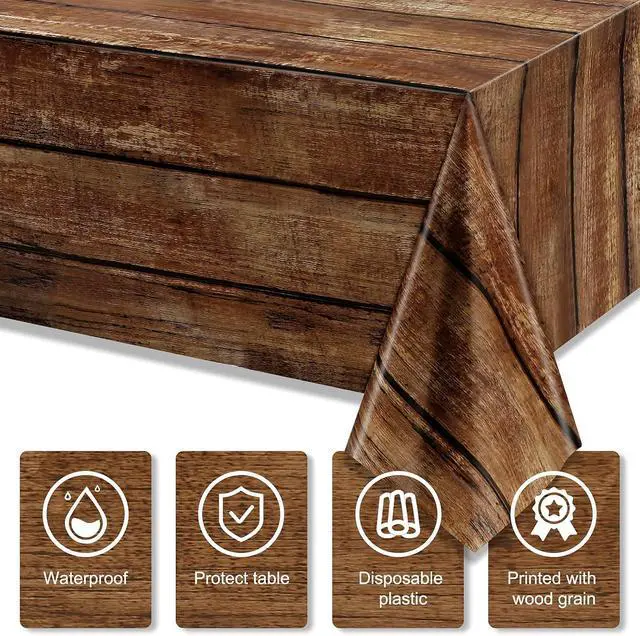 Alt view image 3 of 7 - Irenare 3 Pcs Brown Wood Grain Western Tablecloth Plastic | Rustic Wood Pattern, Western Cowboy Birthday Party Decor, Disposable Waterproof for Rectangle Tables, Farmhouse Barn Vintage