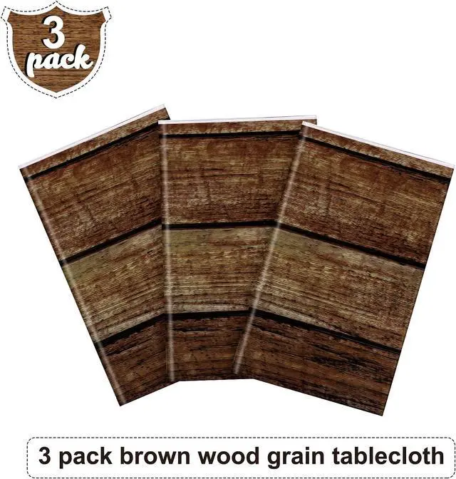 Alt view image 4 of 7 - Irenare 3 Pcs Brown Wood Grain Western Tablecloth Plastic | Rustic Wood Pattern, Western Cowboy Birthday Party Decor, Disposable Waterproof for Rectangle Tables, Farmhouse Barn Vintage