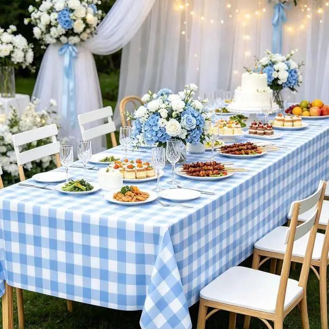 Alt view image 5 of 7 - 2 Pcs Blue and White Checkered Tablecloth, Blue Plastic Table Cloths for Parties Disposable, 54 x 108 inch Waterproof Rectangular Blue Gingham Camping Tablecloth for Birthday,Picnic, Party, Camping