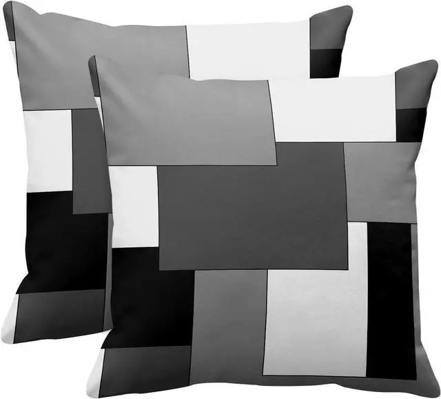 Main image of Emvency Throw Pillow Covers Set of 2, 18 x 18 Inch, Black Gray White | Grey Geometric Outdoor Decorative Square Pillow Cases Couch Cushion Case for Couch Bed Sofa Living Room Home Decor