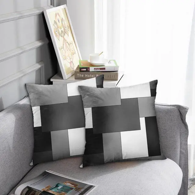 Alt view image 2 of 6 - Emvency Throw Pillow Covers Set of 2, 18 x 18 Inch, Black Gray White | Grey Geometric Outdoor Decorative Square Pillow Cases Couch Cushion Case for Couch Bed Sofa Living Room Home Decor