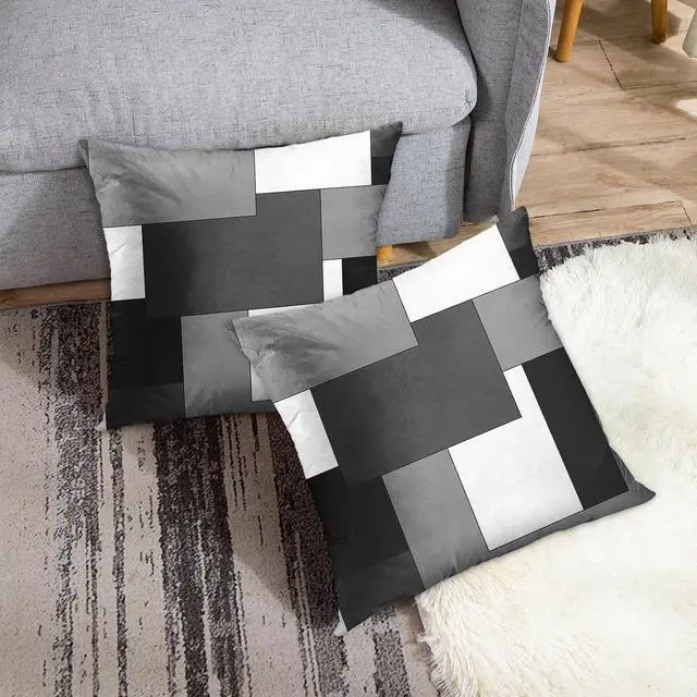 Alt view image 4 of 6 - Emvency Throw Pillow Covers Set of 2, 18 x 18 Inch, Black Gray White | Grey Geometric Outdoor Decorative Square Pillow Cases Couch Cushion Case for Couch Bed Sofa Living Room Home Decor