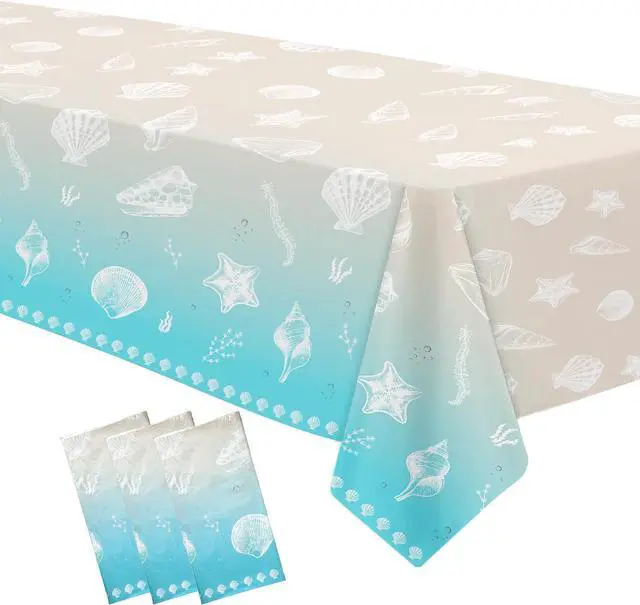 Main image of Beach Seashell Party Decorations Tablecloth, 3 Pack, 54in x 108in | Disposable Beach Seashell Party Table Covers Supplies, Sea Shell Table Decorations for Birthday Baby Shower Wedding Party