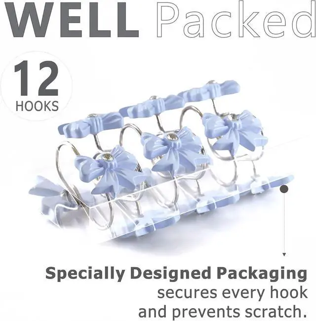 Alt view image 3 of 7 - Blue Bow Shower Curtain Hooks: Decorative Bathroom Curtain Rings, 12Pcs | Cute Rustproof Hangers for Valentine & Xmas Holiday Bathroom Decor, Chic Coquette Accessories & Housewarming Gift for Girls