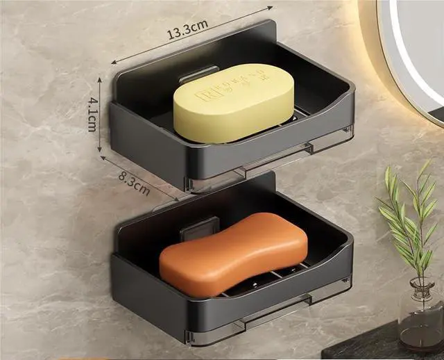 Main image of Wall Mounted Soap Dish for Shower, No Punching Soap Box | Soap Box with Drain Tray and 2 HooksBlack) 2-Pcs