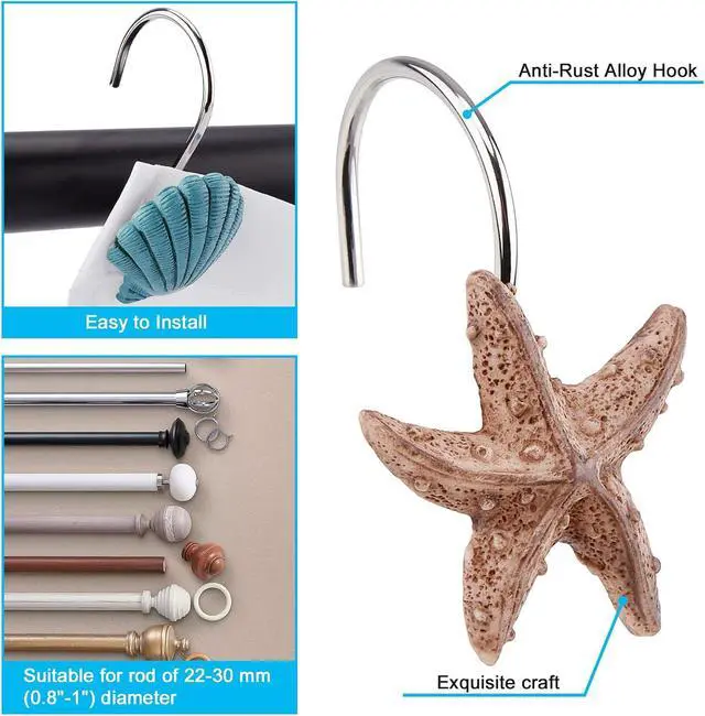 Alt view image 5 of 7 - AGPtek® Seashell Shower Curtain Hooks, Blue Seashell, 12PCS | Anti Rust, Decorative Resin, Bathroom Decor, Baby Room Decor, Bedroom & Living Room Decor