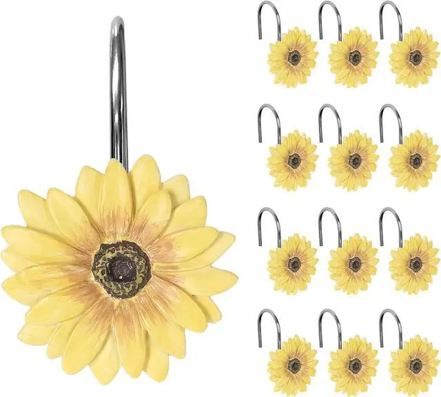 Main image of Sunlit Yellow Sunflower Shower Curtain Hooks, Home Decorative Shower Curtain Rings for Bathroom, Resin, Summer Floral Shower Curtain Hanger Hooks for Living Room, Set of 12
