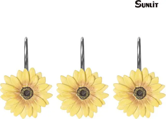 Alt view image 2 of 6 - Sunlit Yellow Sunflower Shower Curtain Hooks, Home Decorative Shower Curtain Rings for Bathroom, Resin, Summer Floral Shower Curtain Hanger Hooks for Living Room, Set of 12