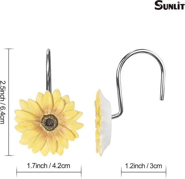 Alt view image 3 of 6 - Sunlit Yellow Sunflower Shower Curtain Hooks, Home Decorative Shower Curtain Rings for Bathroom, Resin, Summer Floral Shower Curtain Hanger Hooks for Living Room, Set of 12
