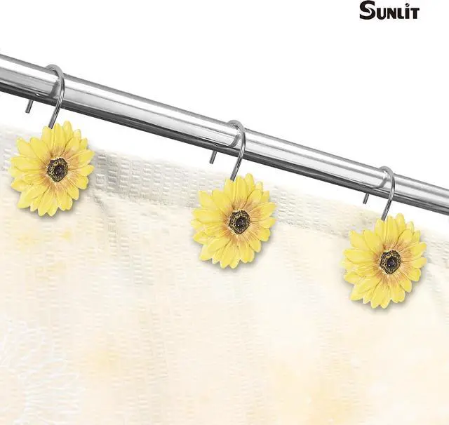 Alt view image 4 of 6 - Sunlit Yellow Sunflower Shower Curtain Hooks, Home Decorative Shower Curtain Rings for Bathroom, Resin, Summer Floral Shower Curtain Hanger Hooks for Living Room, Set of 12