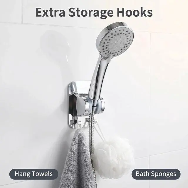 Alt view image 4 of 7 - Shower Head Holder with Hooks, Self Adhesive Handheld Shower Head Holder for Smooth Wall, Adjustable Shower Wand Holder with 2 Hooks, No Tools Required ABS Shower Mount for Bathroom, Universal Fit