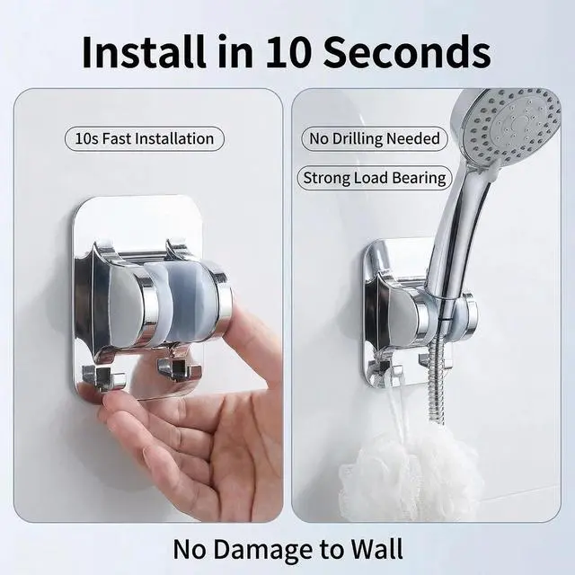 Alt view image 5 of 7 - Shower Head Holder with Hooks, Self Adhesive Handheld Shower Head Holder for Smooth Wall, Adjustable Shower Wand Holder with 2 Hooks, No Tools Required ABS Shower Mount for Bathroom, Universal Fit