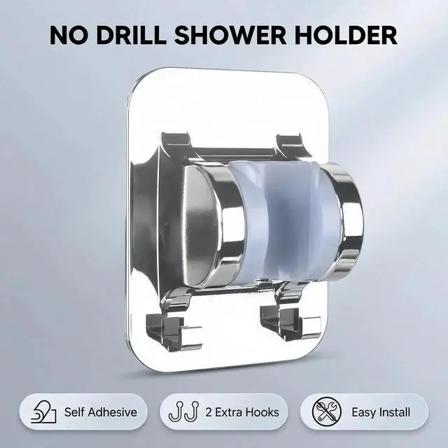 Alt view image 6 of 7 - Shower Head Holder with Hooks, Self Adhesive Handheld Shower Head Holder for Smooth Wall, Adjustable Shower Wand Holder with 2 Hooks, No Tools Required ABS Shower Mount for Bathroom, Universal Fit