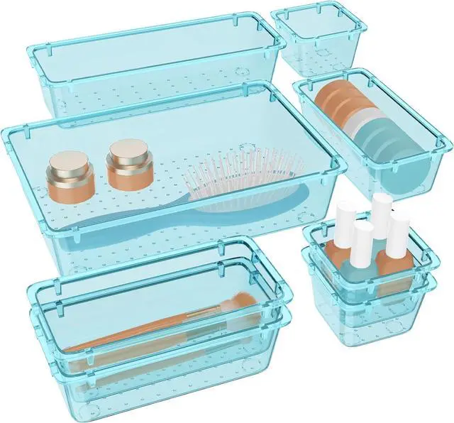 Main image of WOWBOX 8 PCS Plastic Drawer Organizer Set, 4 Sizes Desk Drawer Organization and Storage Containers for Makeup, Cosmetics, Jewelry and Gadgets in Kitchen, Bathroom, Bedroom, Office, Clear Sea Blue