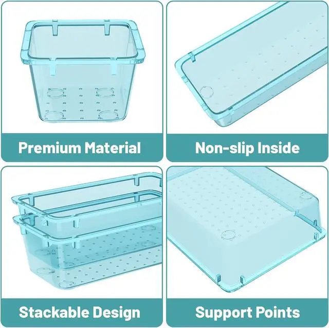 Alt view image 2 of 7 - WOWBOX 8 PCS Plastic Drawer Organizer Set, 4 Sizes Desk Drawer Organization and Storage Containers for Makeup, Cosmetics, Jewelry and Gadgets in Kitchen, Bathroom, Bedroom, Office, Clear Sea Blue